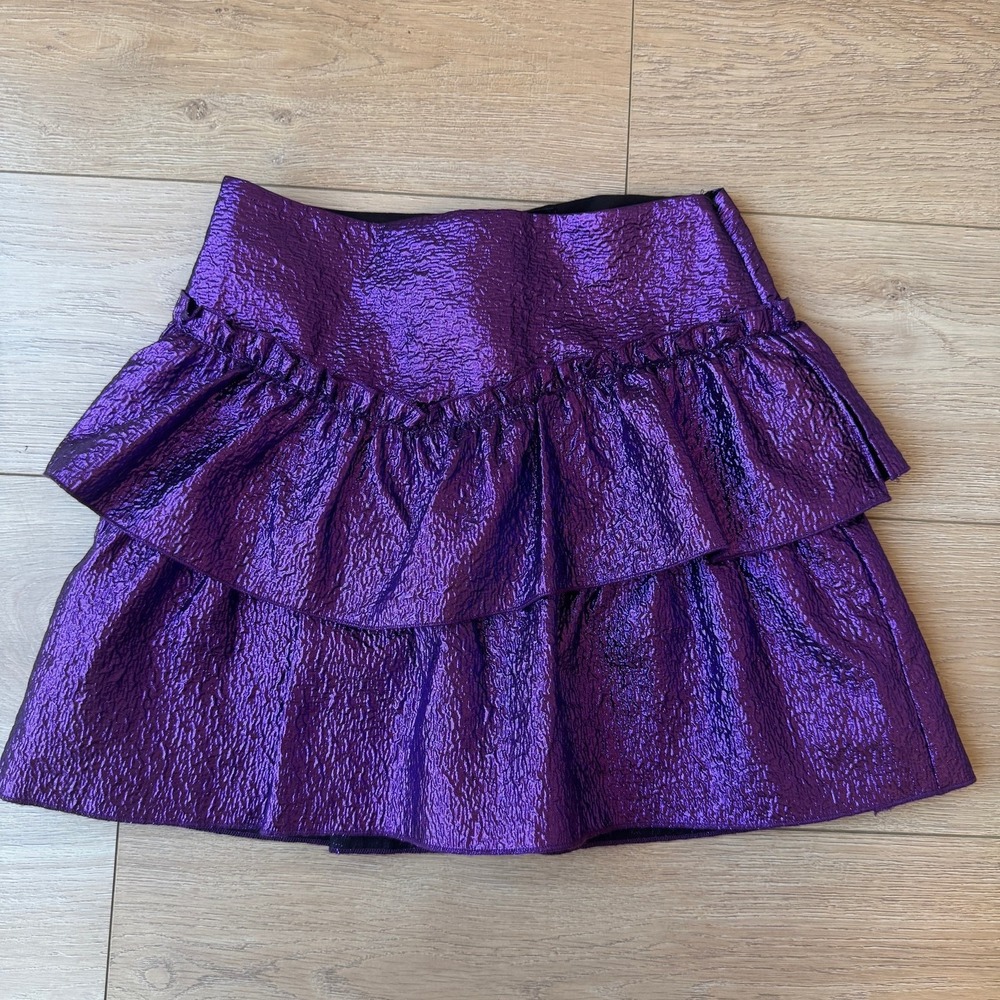 Zara Metallic Purple Ruffle Mini Skirt Womens Size S NWT Crinkle Texture Party